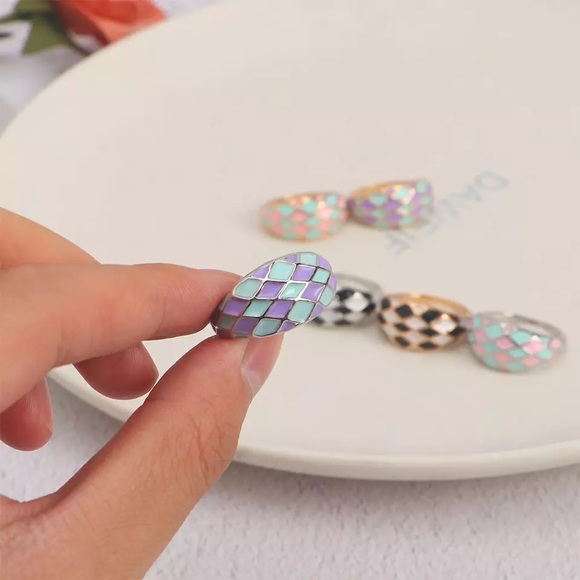 1pcs Alloy Checkered Ring Green Neon Green Gold Rings Glitter Jelly Enamel Trend - Picture 16 of 16